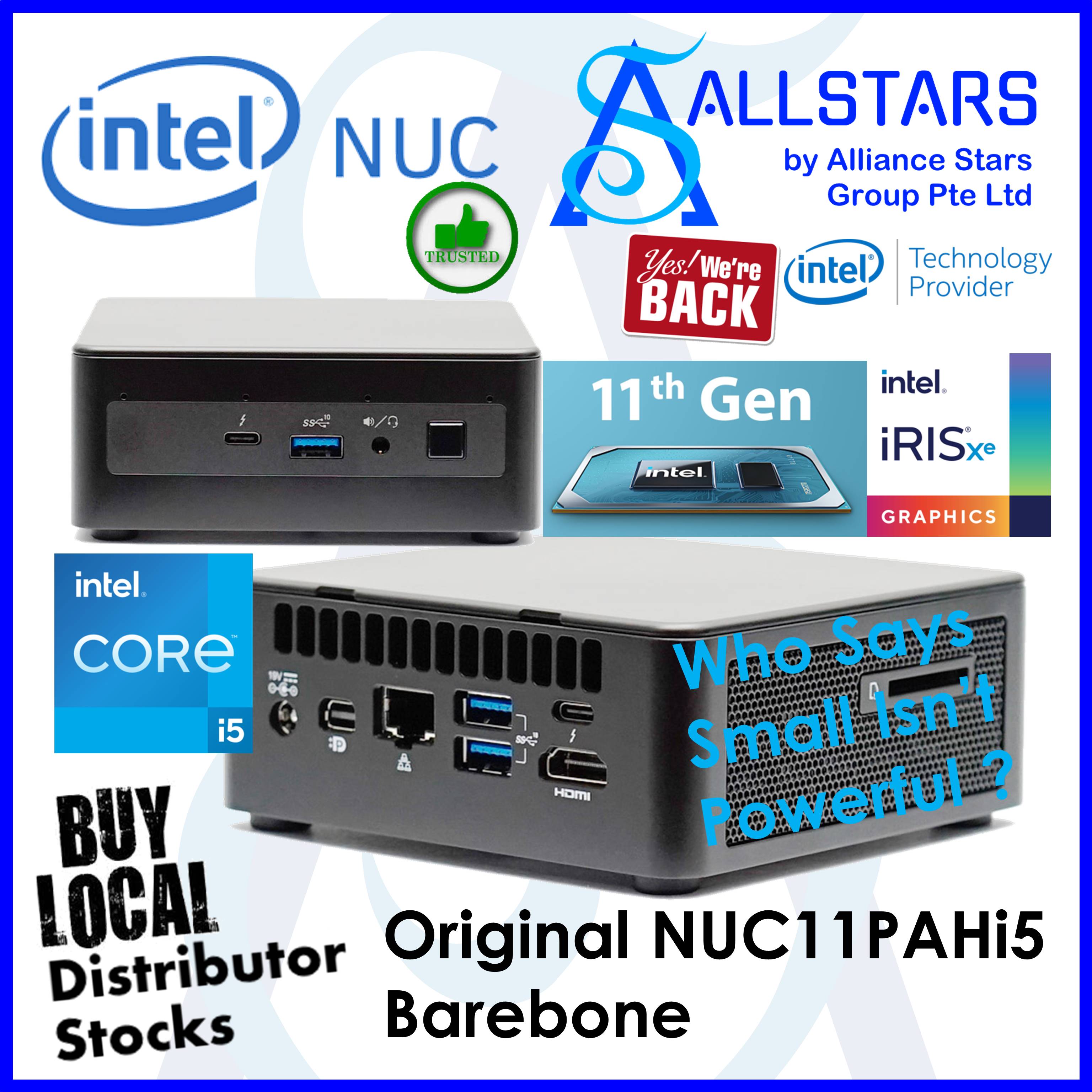 (ALLSTARS : We are Back PROMO) Intel NUC11PAHi5 / NUC11PAHi50Z00 / NUC11PAH NUC Mini PC Barebone (Intel Core i5-1135G7 / HDMI 2.0a; USB-C (DP1.4); MiniDP 1.4 / 2x front (Type-A, C) and 3x rear USB 3.1