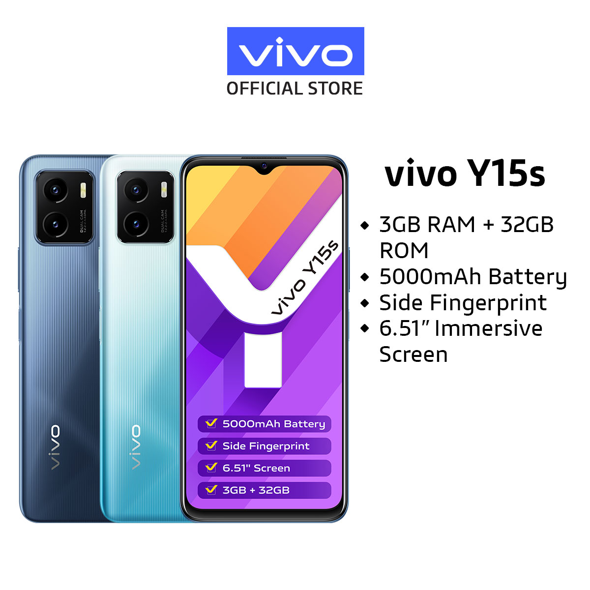 vivo Y15s [3GB/32GB] 5000mAh Battery/ 6.51" Immersive Screen/ Side Fingerprint【2 YEARS WARRANTY】