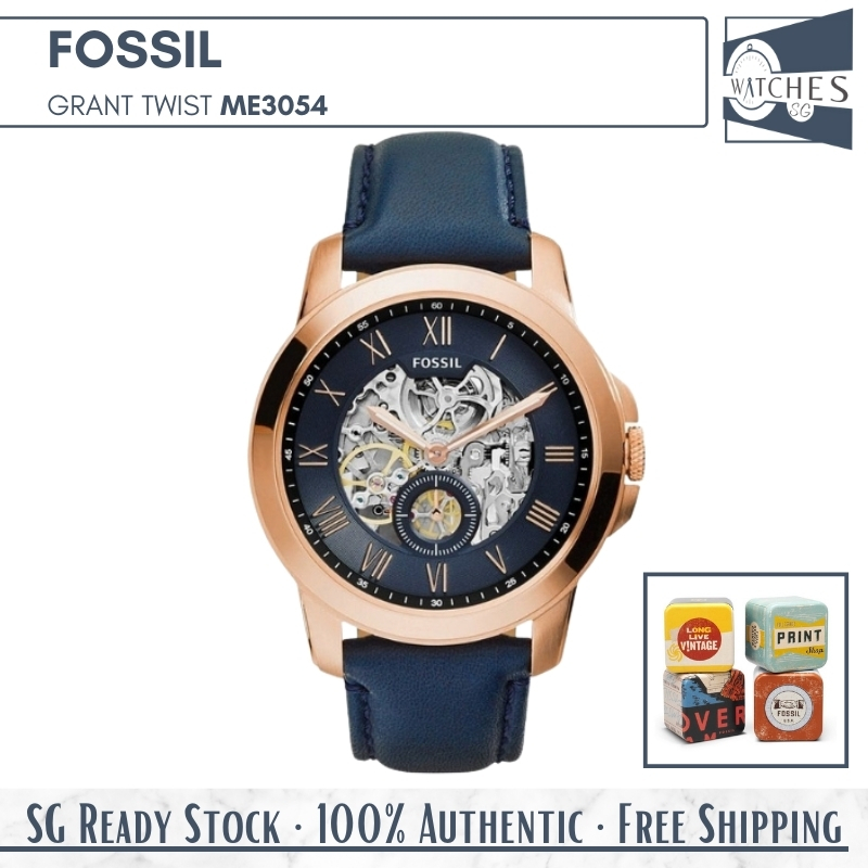 (SG LOCAL) Fossil ME3054 Grant Twist Automatic Skeleton Dial Leather Strap Men Watch