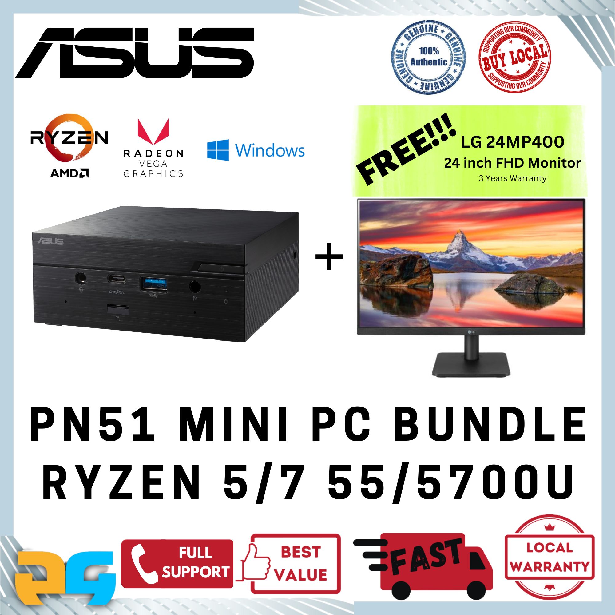 ASUS Barebone NUC Mini Office AMD Ryzen 7 5700U / 5 5500U Win 10 Pro PN51