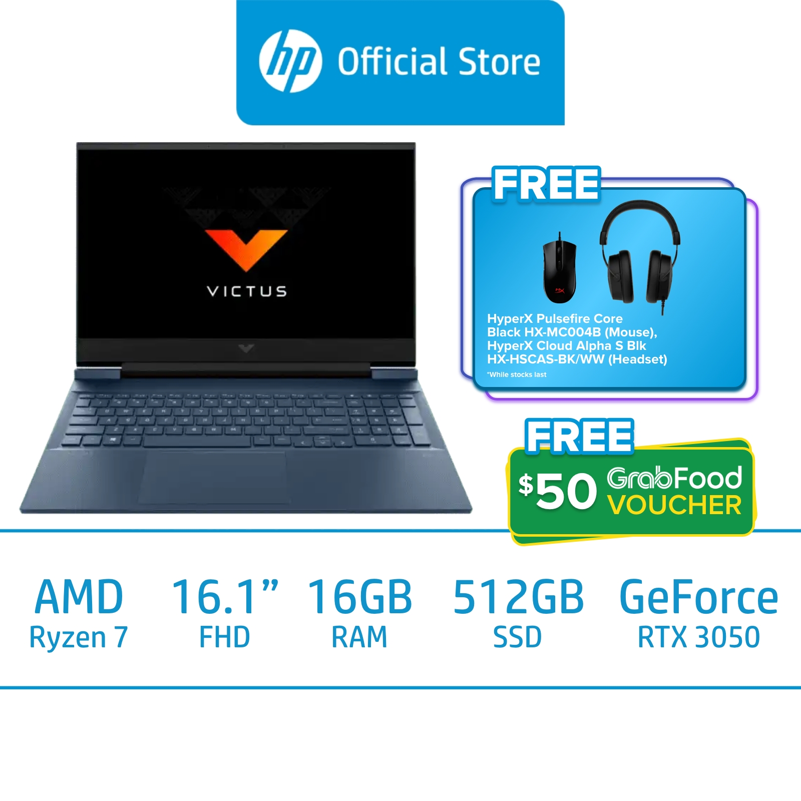 Victus by HP Gaming Laptop 16 inch e1026AX / AMD Ryzen 7 6800H / NVIDIA GeForce RTX 3050 / 16GB RAM / 512GB SSD / Win 11 / 1 year (1/1/0) limited warranty includes 1 year of parts and labor